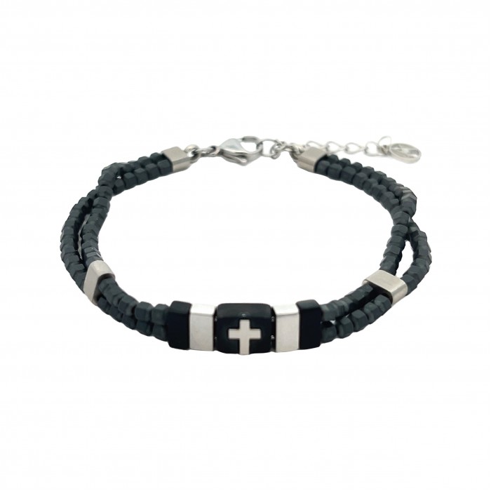 BRACCIALE CROCE IN ACCIAIO E EMATITE A DOPPIO FILO - ANR20922120B94