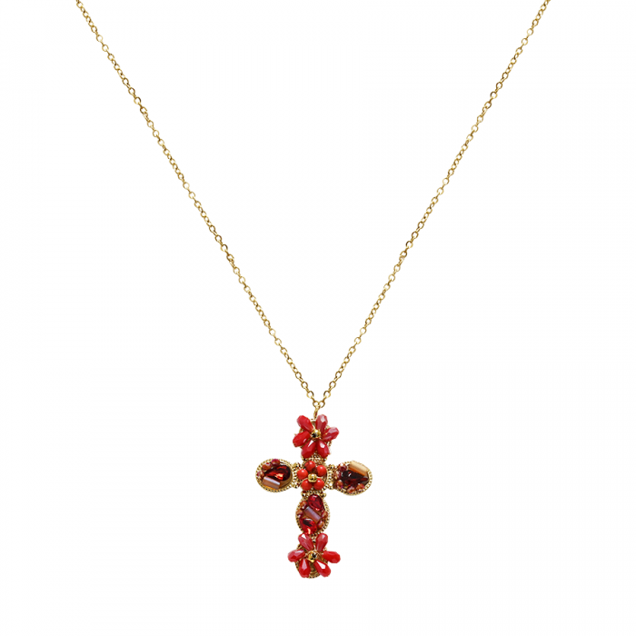 COLLANA CROCE CON CRISTALLI A FORMA FIORE - OY2496A422