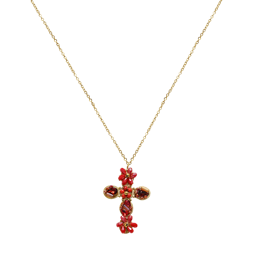 COLLANA CROCE CON CRISTALLI A FORMA FIORE - OY2496A422