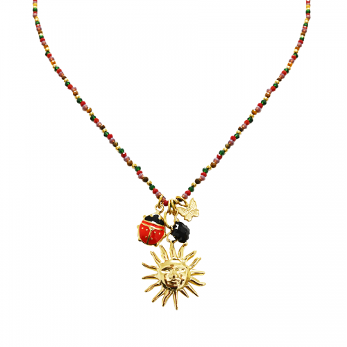 COLLANA PERLINE MULTICOLOR CON CIONDOLI PORTAFORTUNA - YNK24108A725