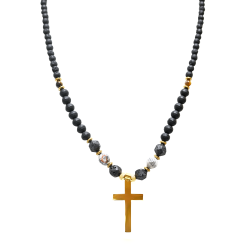 COLLANA LUNGA DA UOMO CON CROCE E PIETRA LAVICA - DS2480A245