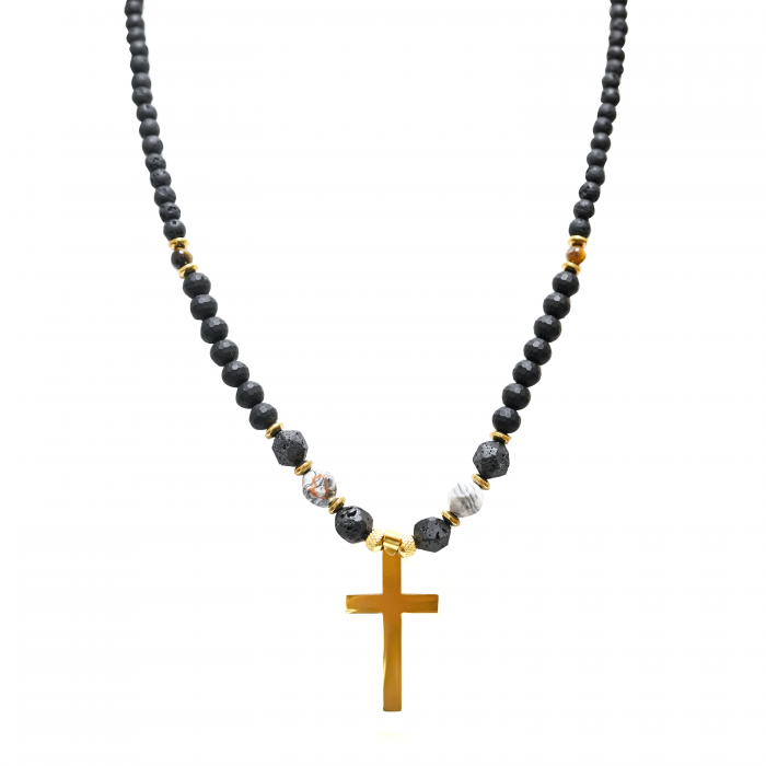 COLLANA LUNGA DA UOMO CON CROCE E PIETRA LAVICA - DS2480A245