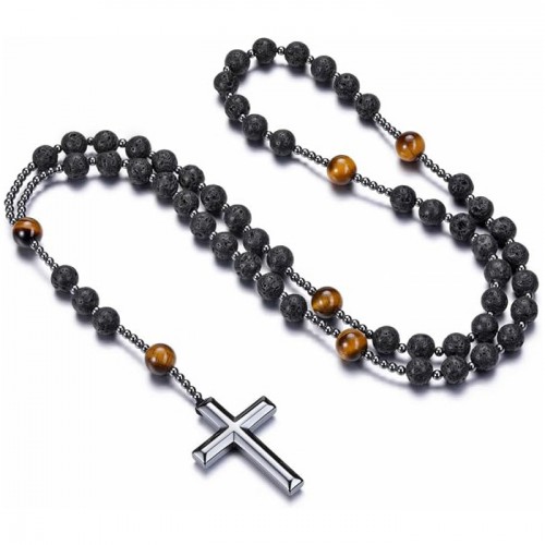 COLLANA ROSARIO LUNGO IN PIETRA CON CROCE IN EMATITE - KM24184A940/941/942