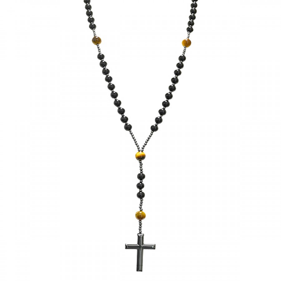 COLLANA ROSARIO LUNGO IN PIETRA CON CROCE IN EMATITE - KM24184A940/941/942