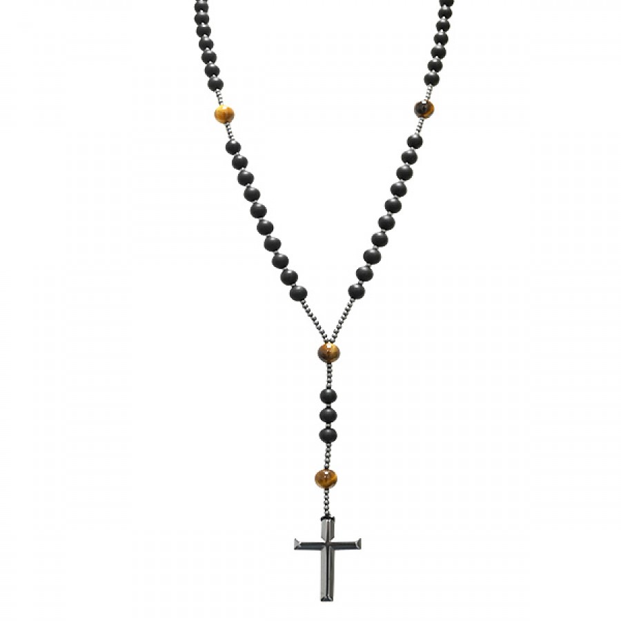 COLLANA ROSARIO LUNGO IN PIETRA CON CROCE IN EMATITE - KM24184A940/941/942